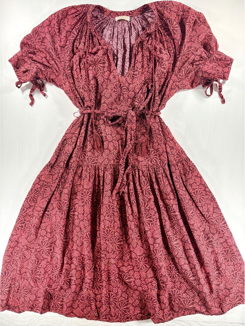 Ulla Johnson Boho Batik Print Tiered Tassel Tie Peasant Maxi Dress